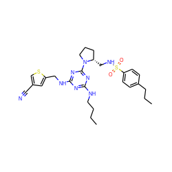 CCCCNc1nc(NCc2cc(C#N)cs2)nc(N2CCC[C@@H]2CNS(=O)(=O)c2ccc(CCC)cc2)n1 ZINC000095555416