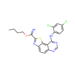 CCCCOC(=N)c1nc2ccc3ncnc(Nc4ccc(Cl)cc4Cl)c3c2s1 ZINC000207582737