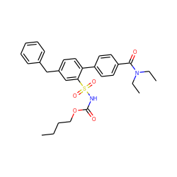 CCCCOC(=O)NS(=O)(=O)c1cc(Cc2ccccc2)ccc1-c1ccc(C(=O)N(CC)CC)cc1 ZINC000040414515