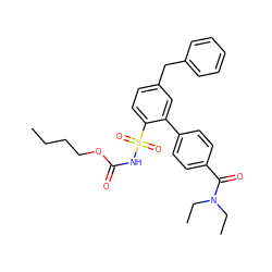 CCCCOC(=O)NS(=O)(=O)c1ccc(Cc2ccccc2)cc1-c1ccc(C(=O)N(CC)CC)cc1 ZINC000040935237