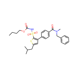 CCCCOC(=O)NS(=O)(=O)c1sc(CC(C)C)cc1-c1ccc(C(=O)N(C)Cc2ccccc2)cc1 ZINC000049867474