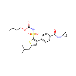 CCCCOC(=O)NS(=O)(=O)c1sc(CC(C)C)cc1-c1ccc(C(=O)NC2CC2)cc1 ZINC000040420719