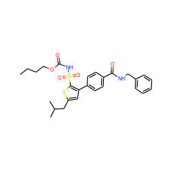 CCCCOC(=O)NS(=O)(=O)c1sc(CC(C)C)cc1-c1ccc(C(=O)NCc2ccccc2)cc1 ZINC000040936316