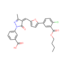 CCCCOC(=O)c1cc(-c2ccc(/C=C3\C(=O)N(c4cccc(C(=O)O)c4)N=C3C)o2)ccc1Cl ZINC000033154982