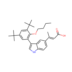 CCCCOc1c(-c2c[nH]c3ccc(/C(C)=C/C(=O)O)cc23)cc(C(C)(C)C)cc1C(C)(C)C ZINC000026663009