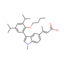 CCCCOc1c(-c2cn(C)c3ccc(/C(C)=C/C(=O)O)cc23)cc(C(C)C)cc1C(C)C ZINC000026659220