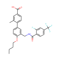 CCCCOc1ccc(-c2ccc(C(=O)O)cc2C)cc1CNC(=O)c1ccc(C(F)(F)F)cc1F ZINC000049034831