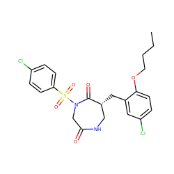 CCCCOc1ccc(Cl)cc1C[C@@H]1CNC(=O)CN(S(=O)(=O)c2ccc(Cl)cc2)C1=O ZINC000028894329