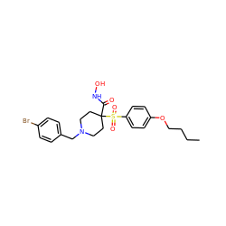 CCCCOc1ccc(S(=O)(=O)C2(C(=O)NO)CCN(Cc3ccc(Br)cc3)CC2)cc1 ZINC000013586039