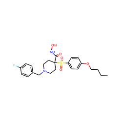 CCCCOc1ccc(S(=O)(=O)C2(C(=O)NO)CCN(Cc3ccc(F)cc3)CC2)cc1 ZINC000013521025