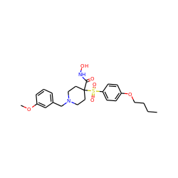 CCCCOc1ccc(S(=O)(=O)C2(C(=O)NO)CCN(Cc3cccc(OC)c3)CC2)cc1 ZINC000013521106