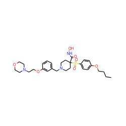 CCCCOc1ccc(S(=O)(=O)C2(C(=O)NO)CCN(Cc3cccc(OCCN4CCOCC4)c3)CC2)cc1 ZINC000026470175