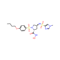 CCCCOc1ccc(S(=O)(=O)N2C[C@@H](NS(=O)(=O)c3cn(C)cn3)C[C@@H]2C(=O)NO)cc1 ZINC000013835728