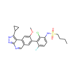 CCCCS(=O)(=O)Nc1ccc(F)c(-c2cc3cnc4n[nH]c(C5CC5)c4c3cc2OC)c1Cl ZINC000653694170