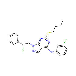 CCCCSc1nc(Nc2cccc(Cl)c2)c2cnn(C[C@H](Cl)c3ccccc3)c2n1 ZINC000473135510