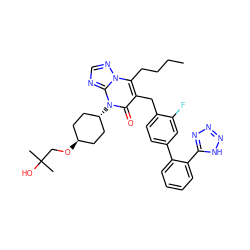 CCCCc1c(Cc2ccc(-c3ccccc3-c3nnn[nH]3)cc2F)c(=O)n([C@H]2CC[C@H](OCC(C)(C)O)CC2)c2ncnn12 ZINC000261135362