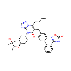 CCCCc1c(Cc2ccc(-c3ccccc3-c3noc(=O)[nH]3)cc2)c(=O)n([C@H]2CC[C@H](O[C@H](C)C(C)(C)O)CC2)c2ncnn12 ZINC000261071671