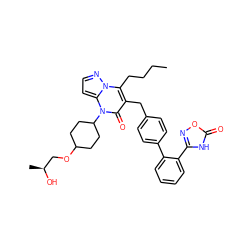 CCCCc1c(Cc2ccc(-c3ccccc3-c3noc(=O)[nH]3)cc2)c(=O)n(C2CCC(OC[C@H](C)O)CC2)c2ccnn12 ZINC000096178385