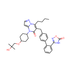 CCCCc1c(Cc2ccc(-c3ccccc3-c3noc(=O)[nH]3)cc2)c(=O)n(C2CCC(OCC(C)(C)O)CC2)c2ccnn12 ZINC000096178383