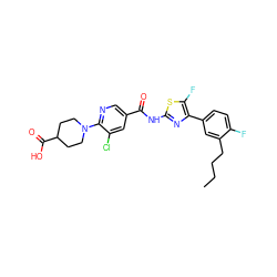 CCCCc1cc(-c2nc(NC(=O)c3cnc(N4CCC(C(=O)O)CC4)c(Cl)c3)sc2F)ccc1F ZINC000053226671