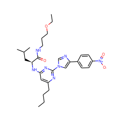 CCCCc1cc(N[C@@H](CC(C)C)C(=O)NCCCOCC)nc(-n2cnc(-c3ccc([N+](=O)[O-])cc3)c2)n1 ZINC000036143763