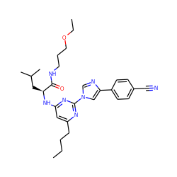 CCCCc1cc(N[C@@H](CC(C)C)C(=O)NCCCOCC)nc(-n2cnc(-c3ccc(C#N)cc3)c2)n1 ZINC000036143699