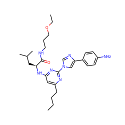 CCCCc1cc(N[C@@H](CC(C)C)C(=O)NCCCOCC)nc(-n2cnc(-c3ccc(N)cc3)c2)n1 ZINC000087660393