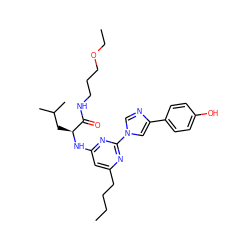 CCCCc1cc(N[C@@H](CC(C)C)C(=O)NCCCOCC)nc(-n2cnc(-c3ccc(O)cc3)c2)n1 ZINC000036143685