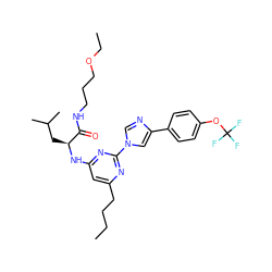 CCCCc1cc(N[C@@H](CC(C)C)C(=O)NCCCOCC)nc(-n2cnc(-c3ccc(OC(F)(F)F)cc3)c2)n1 ZINC000036143740