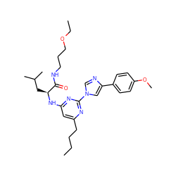 CCCCc1cc(N[C@@H](CC(C)C)C(=O)NCCCOCC)nc(-n2cnc(-c3ccc(OC)cc3)c2)n1 ZINC000036143691