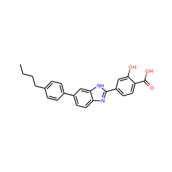 CCCCc1ccc(-c2ccc3nc(-c4ccc(C(=O)O)c(O)c4)[nH]c3c2)cc1 ZINC000034963336