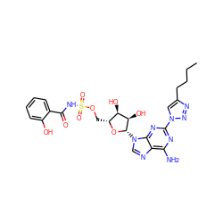 CCCCc1cn(-c2nc(N)c3ncn([C@@H]4O[C@H](COS(=O)(=O)NC(=O)c5ccccc5O)[C@@H](O)[C@H]4O)c3n2)nn1 ZINC000044281330