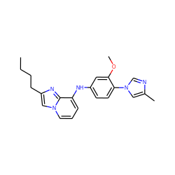 CCCCc1cn2cccc(Nc3ccc(-n4cnc(C)c4)c(OC)c3)c2n1 ZINC000095572812