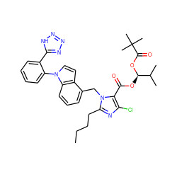 CCCCc1nc(Cl)c(C(=O)O[C@@H](OC(=O)C(C)(C)C)C(C)C)n1Cc1cccc2c1ccn2-c1ccccc1-c1nnn[nH]1 ZINC000029314982