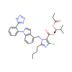 CCCCc1nc(Cl)c(C(=O)O[C@@H](OC(=O)CC)C(C)C)n1Cc1cccc2c1ccn2-c1ccccc1-c1nnn[nH]1 ZINC000029317914