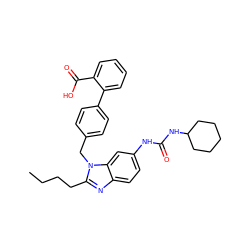 CCCCc1nc2ccc(NC(=O)NC3CCCCC3)cc2n1Cc1ccc(-c2ccccc2C(=O)O)cc1 ZINC000011687040