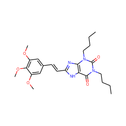 CCCCn1c(=O)c2[nH]c(/C=C/c3cc(OC)c(OC)c(OC)c3)nc2n(CCCC)c1=O ZINC000012405399