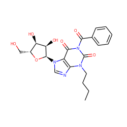 CCCCn1c(=O)n(C(=O)c2ccccc2)c(=O)c2c1ncn2[C@H]1O[C@H](CO)[C@@H](O)[C@H]1O ZINC000049792365