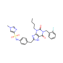 CCCCn1c(=O)n(Cc2ccccc2F)c(=O)c2[nH]c(Cc3ccc(NS(=O)(=O)c4cn(C)cn4)cc3)nc21 ZINC000016052078