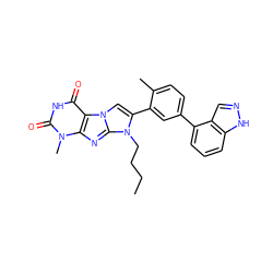 CCCCn1c(-c2cc(-c3cccc4[nH]ncc34)ccc2C)cn2c3c(=O)[nH]c(=O)n(C)c3nc12 ZINC000095590412