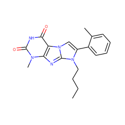 CCCCn1c(-c2ccccc2C)cn2c3c(=O)[nH]c(=O)n(C)c3nc12 ZINC000095587400