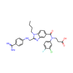 CCCCn1c(CNc2ccc(C(=N)N)cc2)nc2cc(C(=O)N(CCC(=O)O)c3ccc(F)c(Cl)c3)ccc21 ZINC000653780746