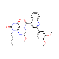 CCCCn1c(N)c(N(CCOC)C(=O)c2cc(-c3ccc(OC)c(OC)c3)nc3ccccc23)c(=O)[nH]c1=O ZINC000038139634