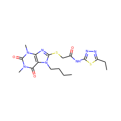 CCCCn1c(SCC(=O)Nc2nnc(CC)s2)nc2c1c(=O)n(C)c(=O)n2C ZINC000004103472