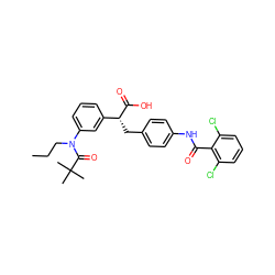 CCCN(C(=O)C(C)(C)C)c1cccc([C@@H](Cc2ccc(NC(=O)c3c(Cl)cccc3Cl)cc2)C(=O)O)c1 ZINC000028336946