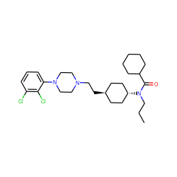 CCCN(C(=O)C1CCCCC1)[C@H]1CC[C@H](CCN2CCN(c3cccc(Cl)c3Cl)CC2)CC1 ZINC000253654168