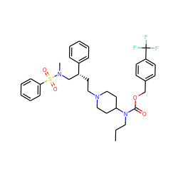 CCCN(C(=O)OCc1ccc(C(F)(F)F)cc1)C1CCN(CC[C@H](CN(C)S(=O)(=O)c2ccccc2)c2ccccc2)CC1 ZINC000026497718