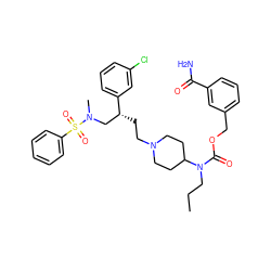 CCCN(C(=O)OCc1cccc(C(N)=O)c1)C1CCN(CC[C@H](CN(C)S(=O)(=O)c2ccccc2)c2cccc(Cl)c2)CC1 ZINC000026495071