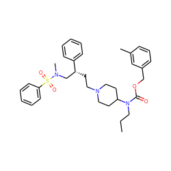 CCCN(C(=O)OCc1cccc(C)c1)C1CCN(CC[C@H](CN(C)S(=O)(=O)c2ccccc2)c2ccccc2)CC1 ZINC000026504060