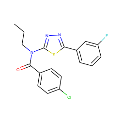 CCCN(C(=O)c1ccc(Cl)cc1)c1nnc(-c2cccc(F)c2)s1 ZINC000084604397